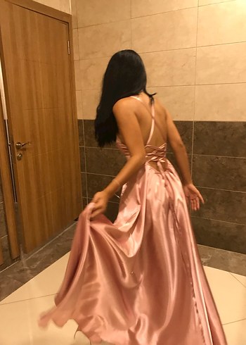 Pembe Uzun Askılı Drapeli Abiye Elbise - Görsel 2