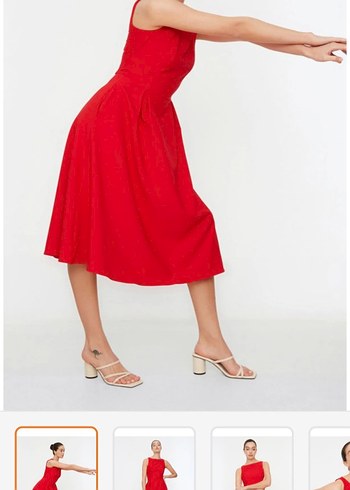 Kırmızı Midi Boy Drapeli Kadın Elbise - Görsel 4