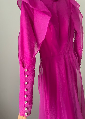 Parlak Pembe Uzun Kollu Drapeli Kadın Elbise - Görsel 3