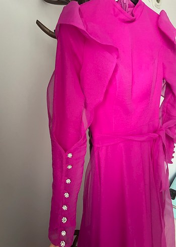 Parlak Pembe Uzun Kollu Drapeli Kadın Elbise - Görsel 7