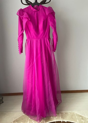 Parlak Pembe Uzun Kollu Drapeli Kadın Elbise - Görsel 2