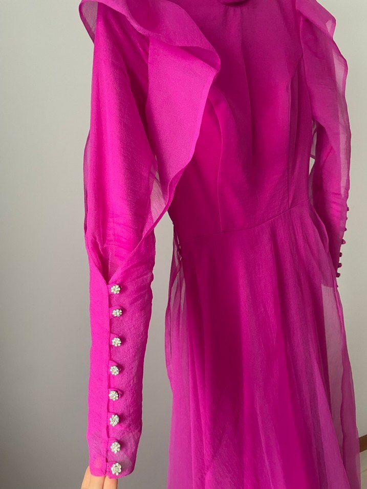 Parlak Pembe Uzun Kollu Drapeli Kadın Elbise - Görsel 3