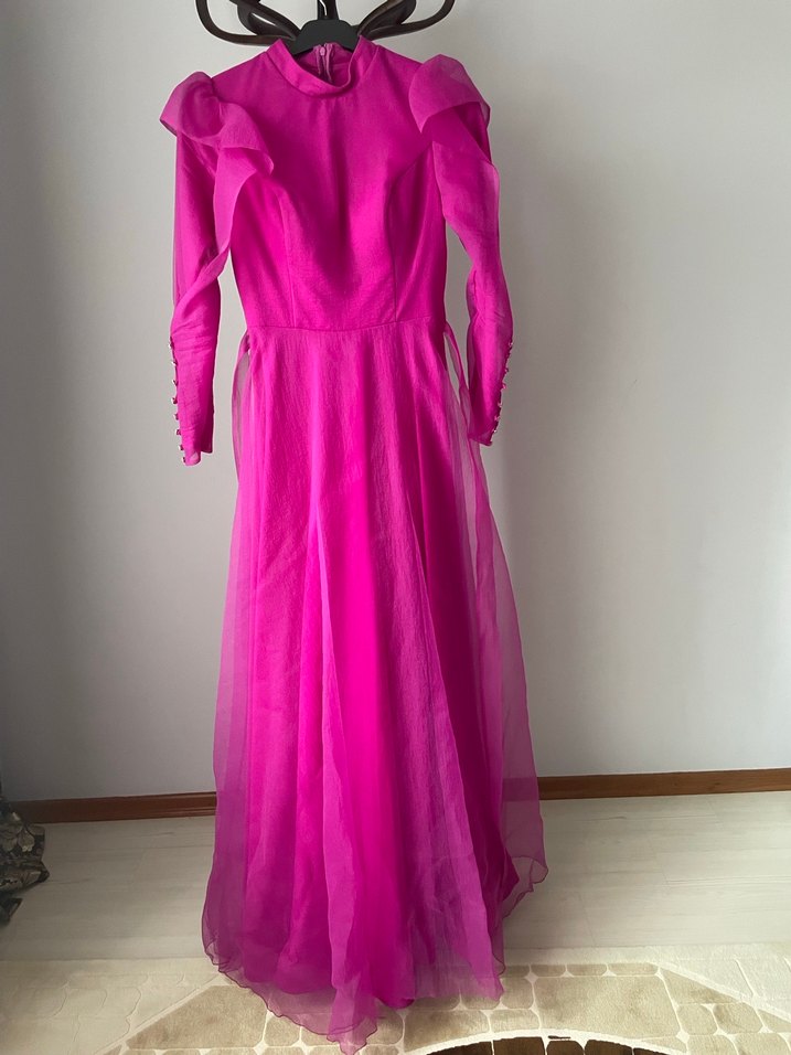 Parlak Pembe Uzun Kollu Drapeli Kadın Elbise - Görsel 2