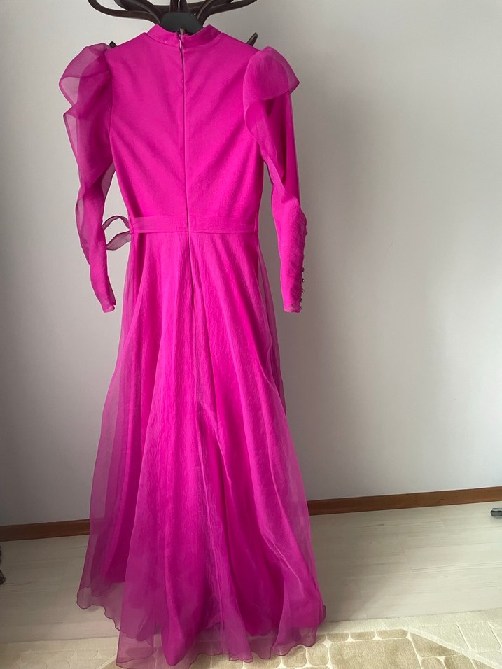 Parlak Pembe Uzun Kollu Drapeli Kadın Elbise - Görsel 5