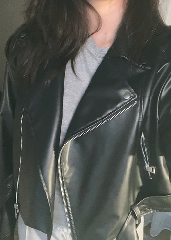 m Beden Siyah Deri Biker Ceket Kadın