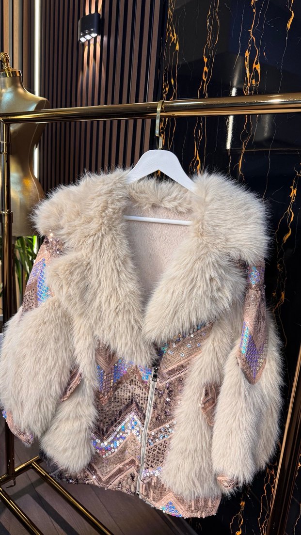 Bej Kürk Detaylı Mini Kadın Ceket - Görsel 4