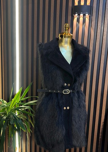 Siyah Kürklü Uzun Kadın Yelek - Görsel 2