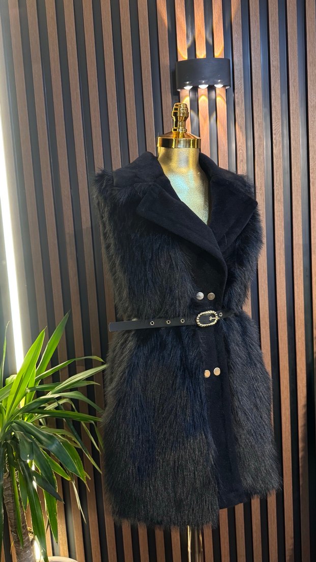 Siyah Kürklü Uzun Kadın Yelek - Görsel 3