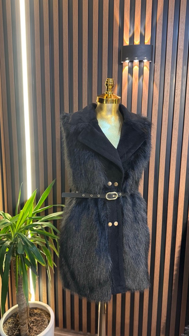 Siyah Kürklü Uzun Kadın Yelek - Görsel 4