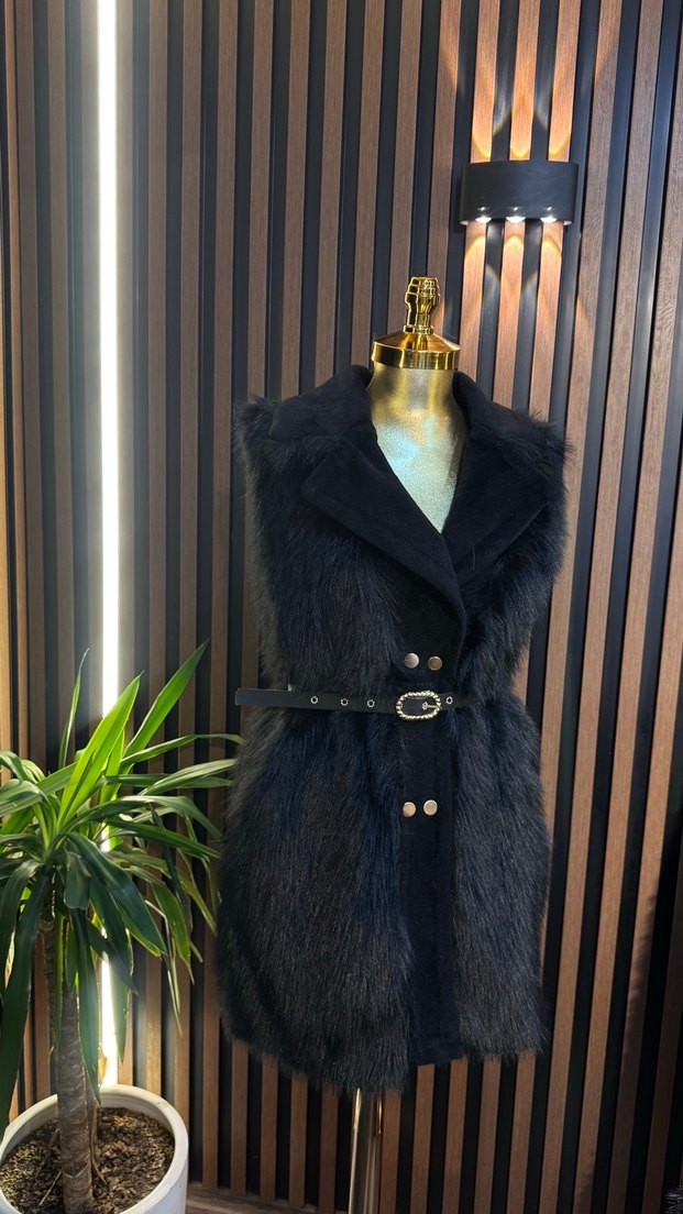 Siyah Kürklü Uzun Kadın Yelek - Görsel 2