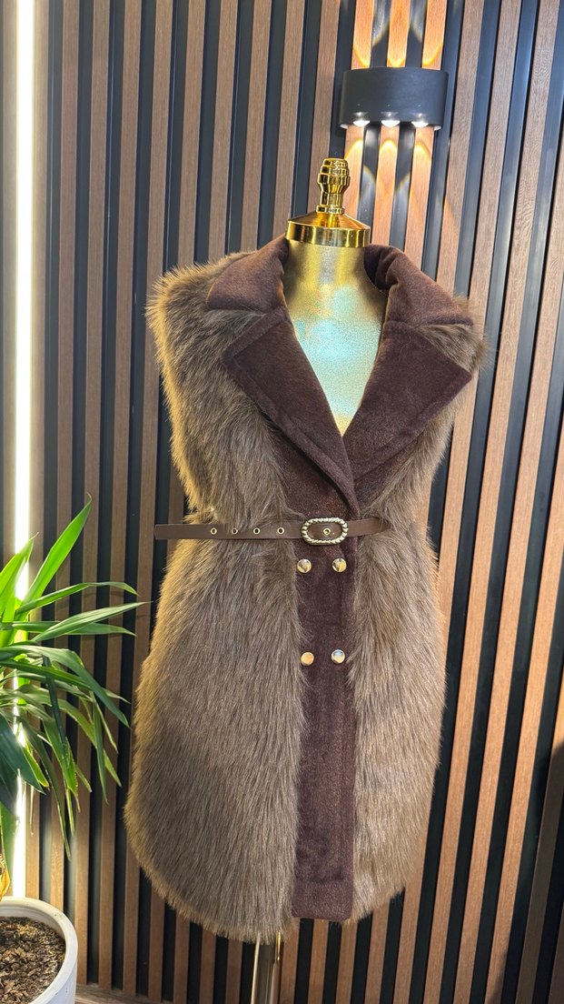 Kahverengi Kürklü Süet Kadın Yelek - Görsel 2