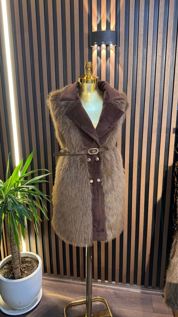 Kahverengi Kürklü Süet Kadın Yelek - Görsel 3