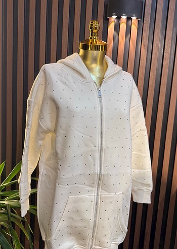 Nakışlı Beyaz Kapüşonlu Fermuarlı Sweatshirt - Görsel 2
