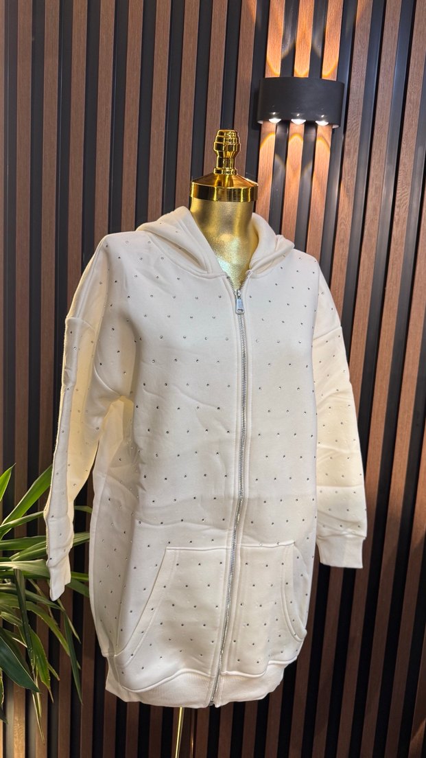 Nakışlı Beyaz Kapüşonlu Fermuarlı Sweatshirt - Görsel 2
