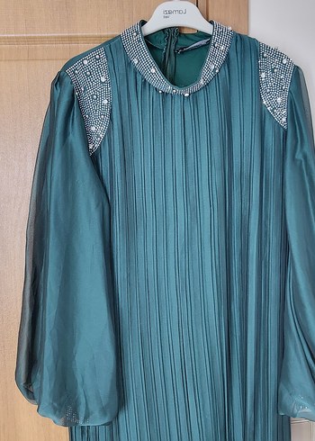 xl Beden Uzun zümrüt yeşili Pilili Abiye Elbise