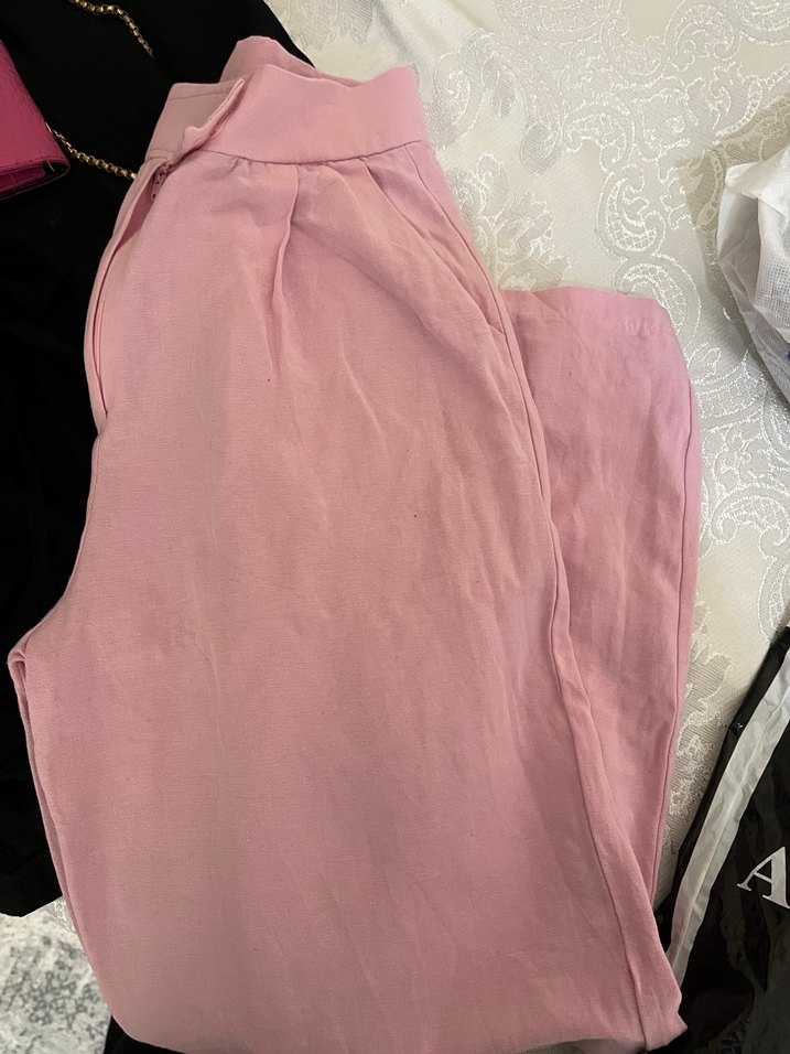 Pembe Midi Keten Kadın Pantolon - Görsel 2