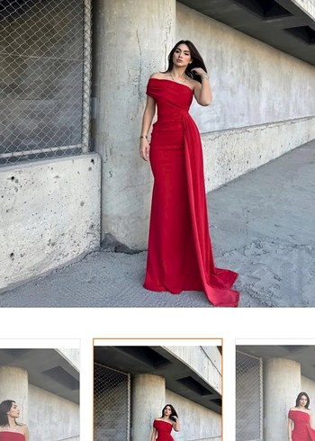 Kırmızı Drapeli Uzun Abiye Elbise - Görsel 2