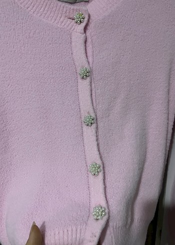 Pembe Düğmeli Triko Kadın Hırka - Görsel 3