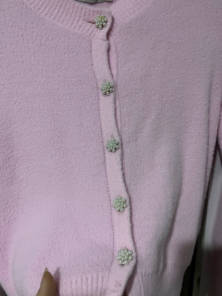 Pembe Düğmeli Triko Kadın Hırka - Görsel 3