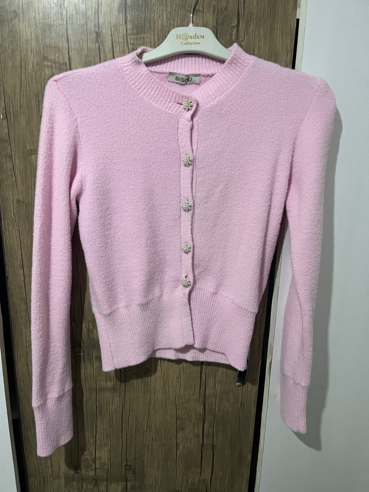 Pembe Düğmeli Triko Kadın Hırka - Görsel 5