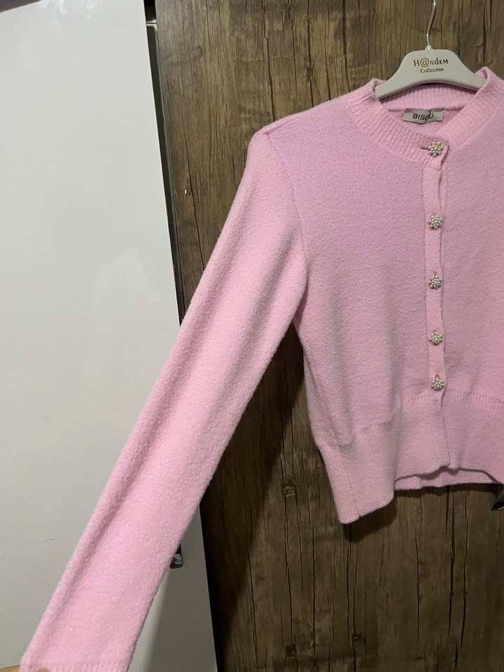 Pembe Düğmeli Triko Kadın Hırka - Görsel 4