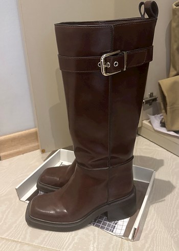 Kahverengi Deri Tokalı Dizüstü Kadın Çizme - Görsel 4