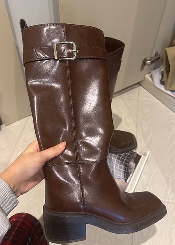 Kahverengi Deri Tokalı Dizüstü Kadın Çizme - Görsel 2