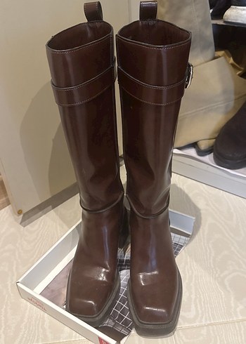 Kahverengi Deri Tokalı Dizüstü Kadın Çizme - Görsel 3