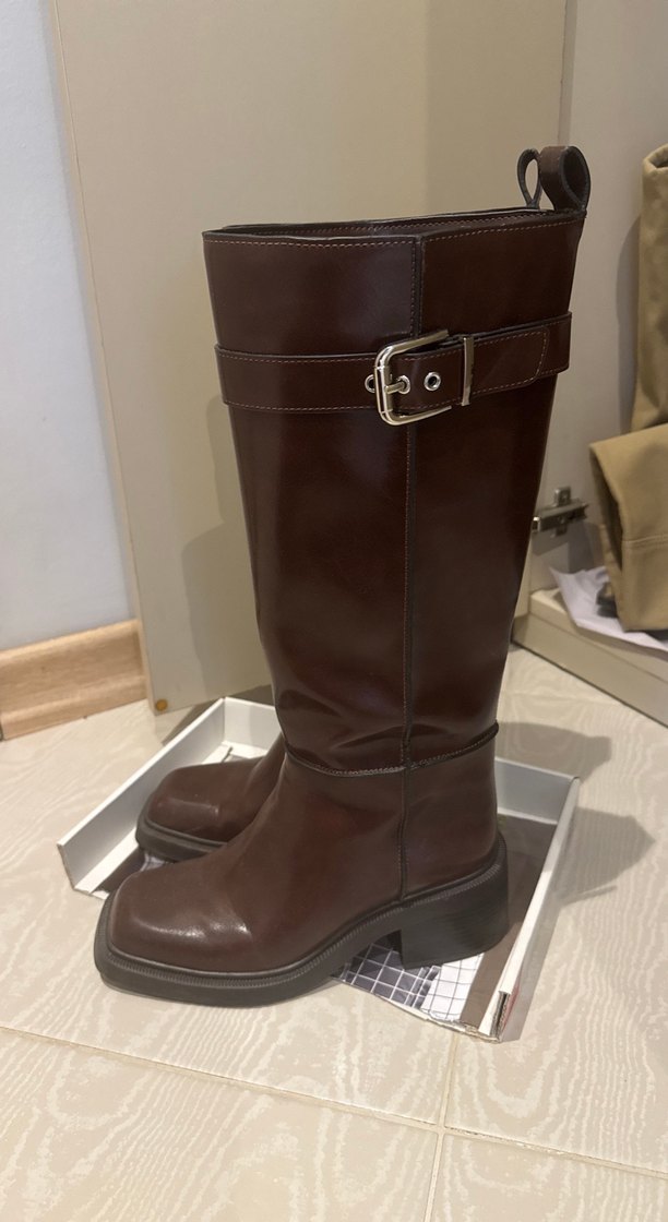 Kahverengi Deri Tokalı Dizüstü Kadın Çizme - Görsel 4