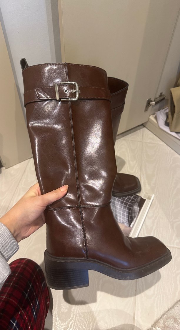 Kahverengi Deri Tokalı Dizüstü Kadın Çizme - Görsel 2