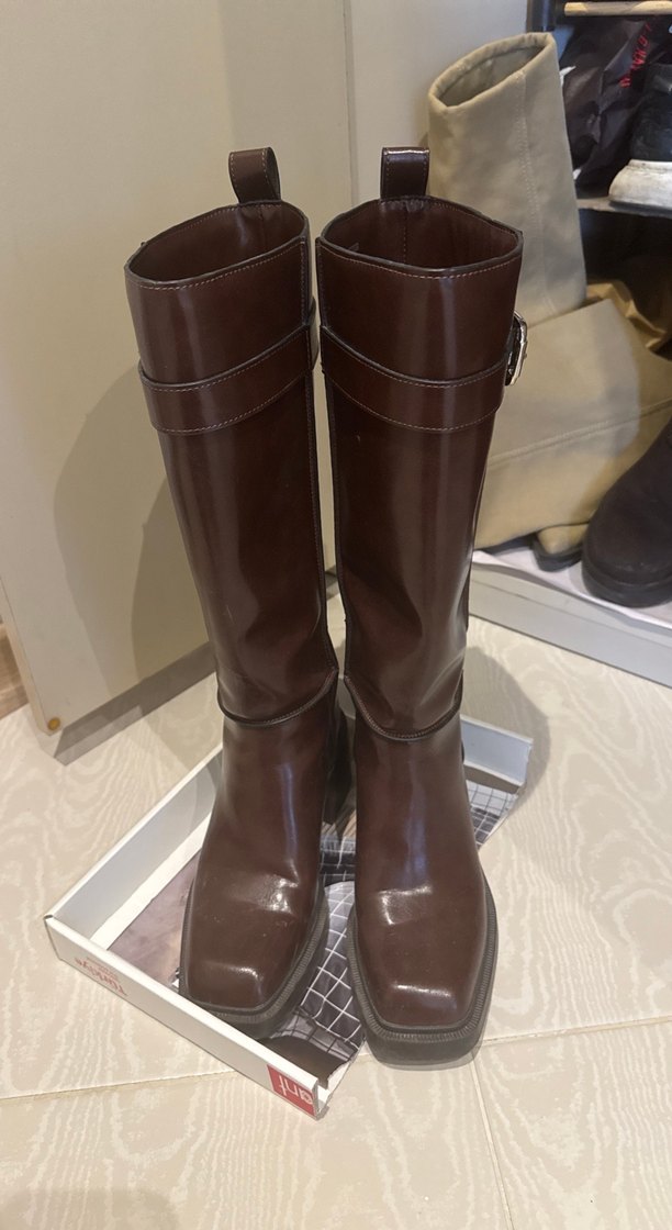 Kahverengi Deri Tokalı Dizüstü Kadın Çizme - Görsel 3