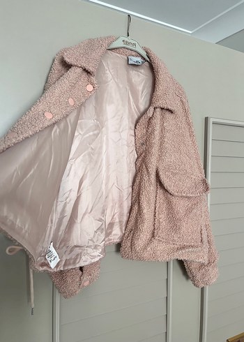 Diğer Düğmeli Pembe Kısa Peluş Kadın Ceket
