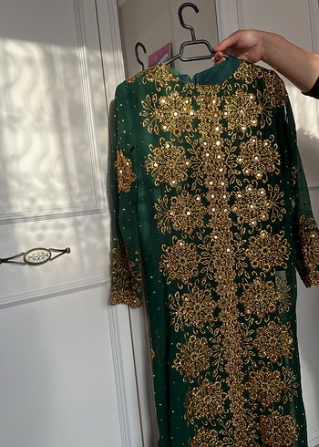 Uzun, Salaş, Desenli Altın İşlemeli Kadın Hint Elbisesi - Görsel 4