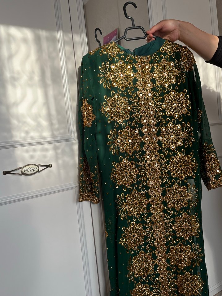 Uzun, Salaş, Desenli Altın İşlemeli Kadın Hint Elbisesi - Görsel 4