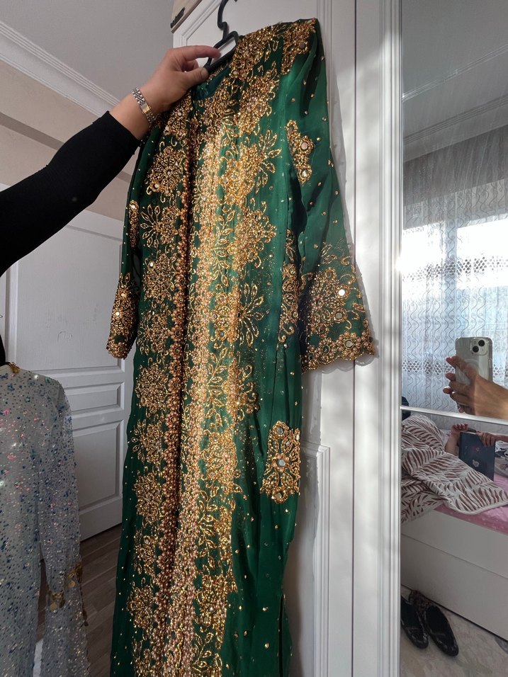 Uzun, Salaş, Desenli Altın İşlemeli Kadın Hint Elbisesi - Görsel 2