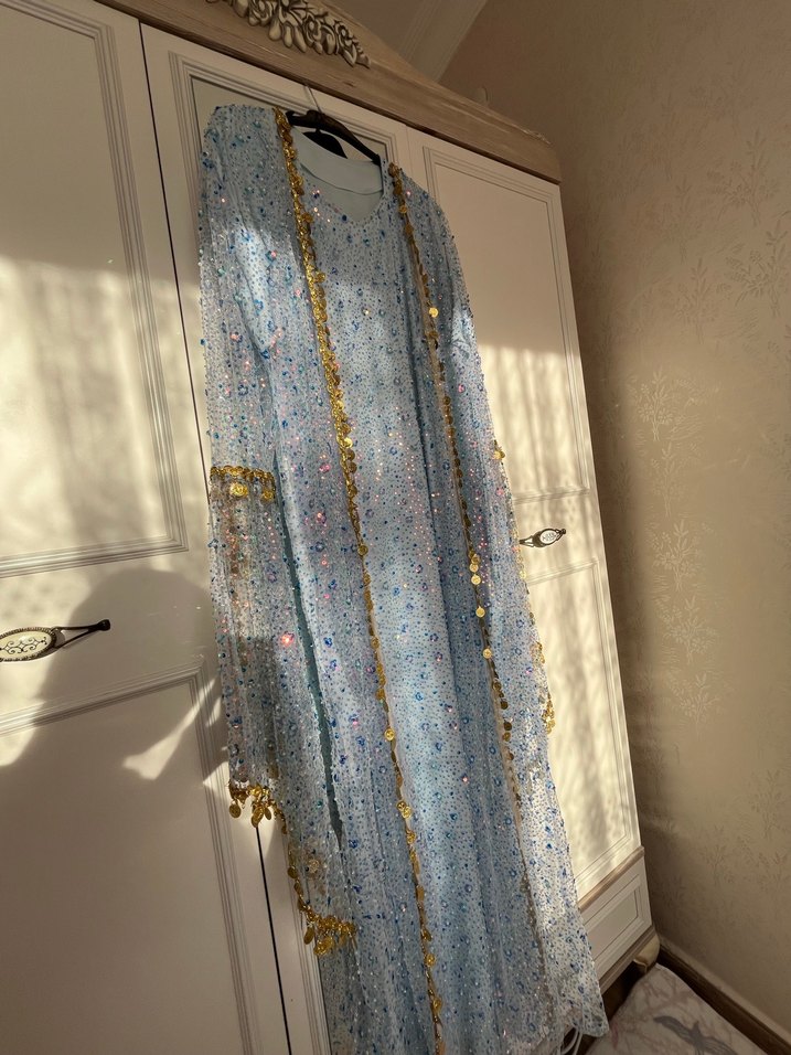 Uzun Mavi Nakışlı Bohem Kadın Hint Elbisesi - Görsel 2