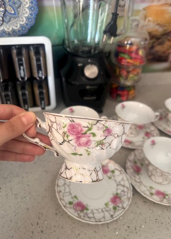 Pastel Gül Desenli Porselen Fincan ve Tabak - Görsel 7