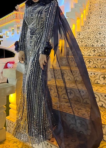 Payet İşlemeli Lacivert Uzun Abiye Elbise - Görsel 4