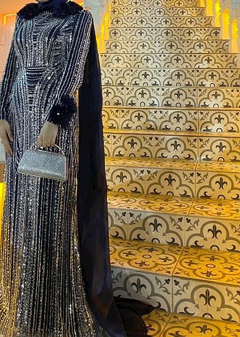 Payet İşlemeli Lacivert Uzun Abiye Elbise - Görsel 5