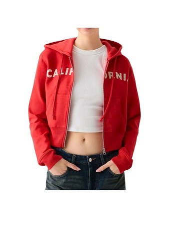 l Beden Kırmızı Fermuarlı Kadın Kapüşonlu Sweatshirt