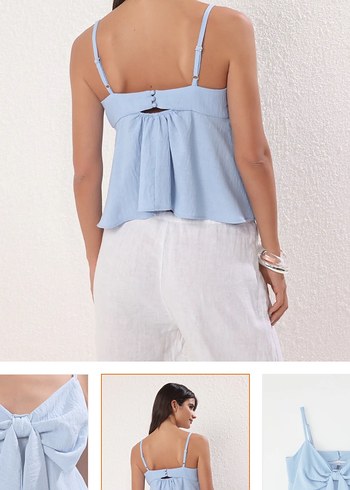 xs Beden Fiyonklu Mavi Keten Mini Bluz