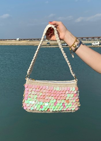 Boncuklu Pastel Renk Bohem Örgü Çanta