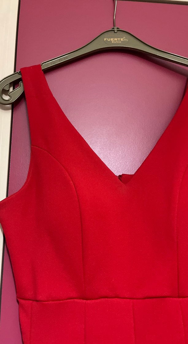 V Yaka Kırmızı Pilili Mini Abiye Elbise - Görsel 2