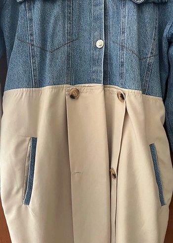 Diğer Bej Denim Detaylı Uzun Trençkot
