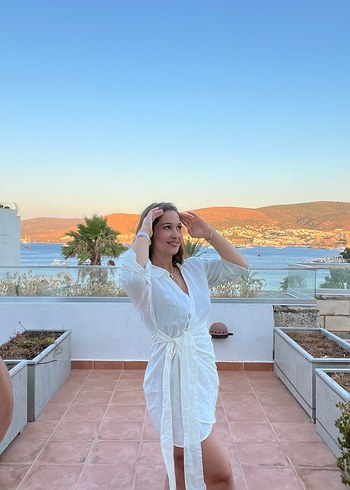 Diğer Beyaz Mini Bağlamalı Bohem Kadın Elbise