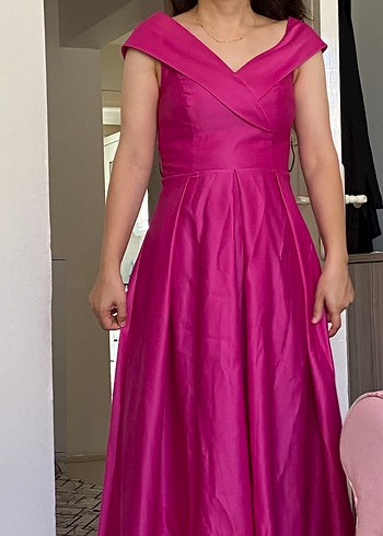s Beden pembe Renk Pembe Drapeli Uzun Abiye Elbise