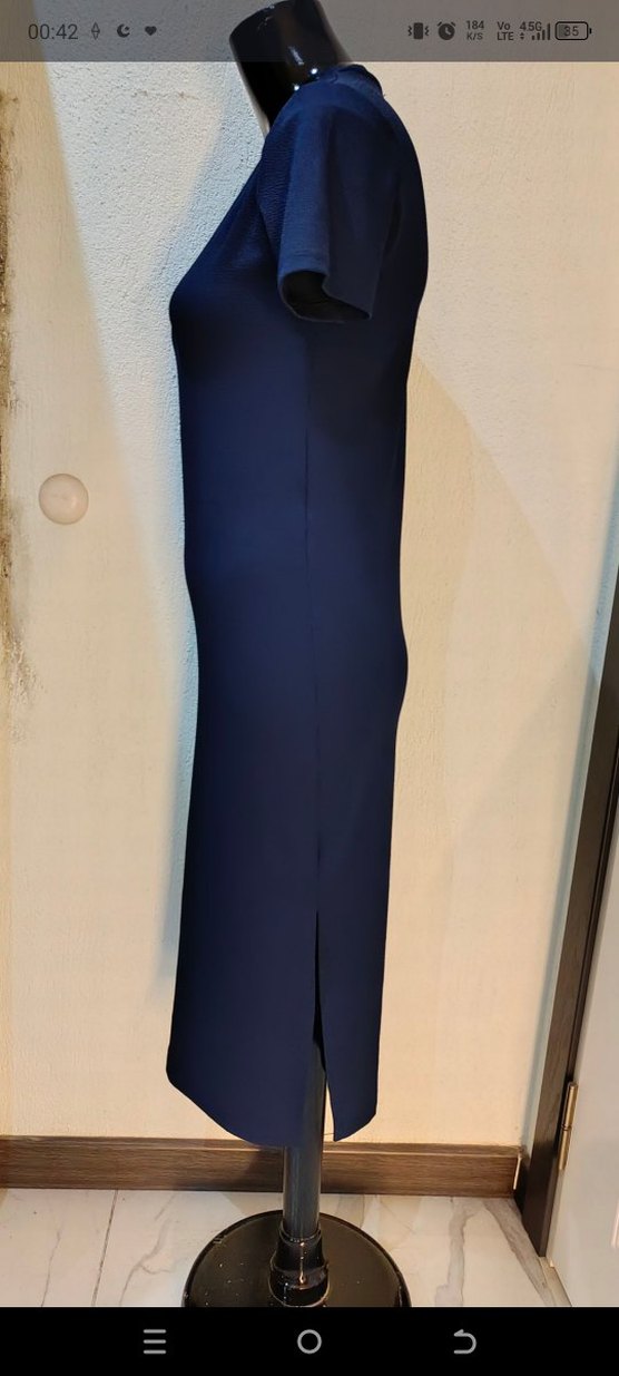 Lacivert Yüksek Yakalı Kadın Uzun Elbise - Görsel 3