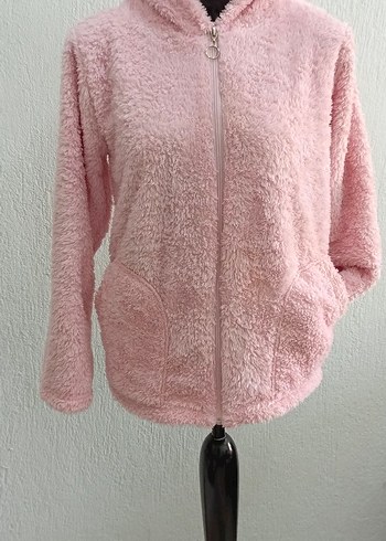 Pembe Peluş Kapüşonlu Kadın Ceket