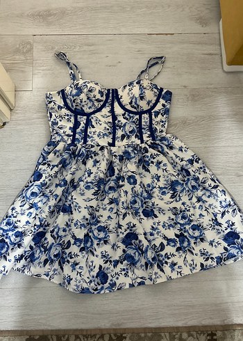 Mavi Çiçek Desenli Mini Bohem Elbise