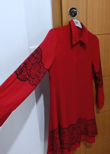 Nakışlı Kırmızı Uzun Kollu Gömlek Tunik - Görsel 3